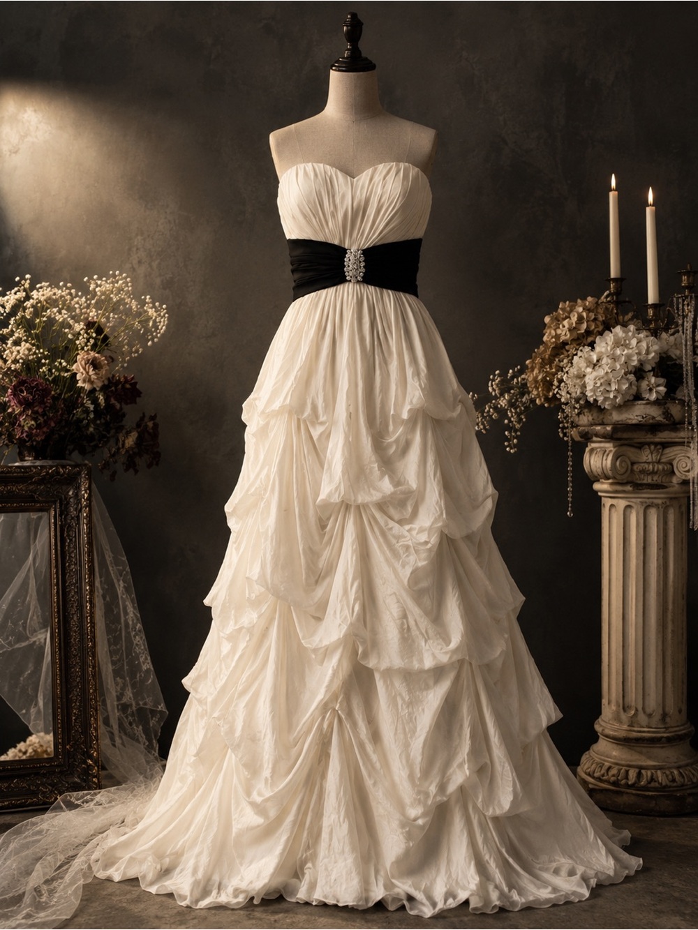 Beata Studio Ivory Black Strapless Tiered Formal Gown Size 7 Alt Bridal Prom Y2K